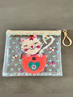 Cream Cat & Pink Butterfly Aqua Green Heart Pocket Flower 6" Makeup Cosmetic Bag